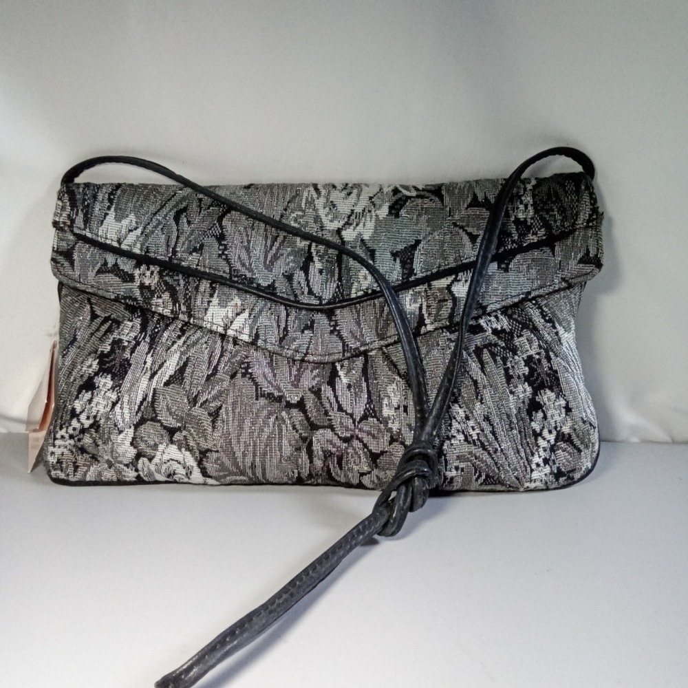 Mitzi Vintage Tapestry Floral Shoulder Bag Silver Grey Black Jacquard Envelope